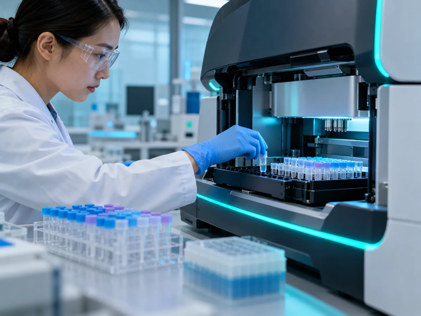 Researcher loading prepared samples into a sequencing instrument