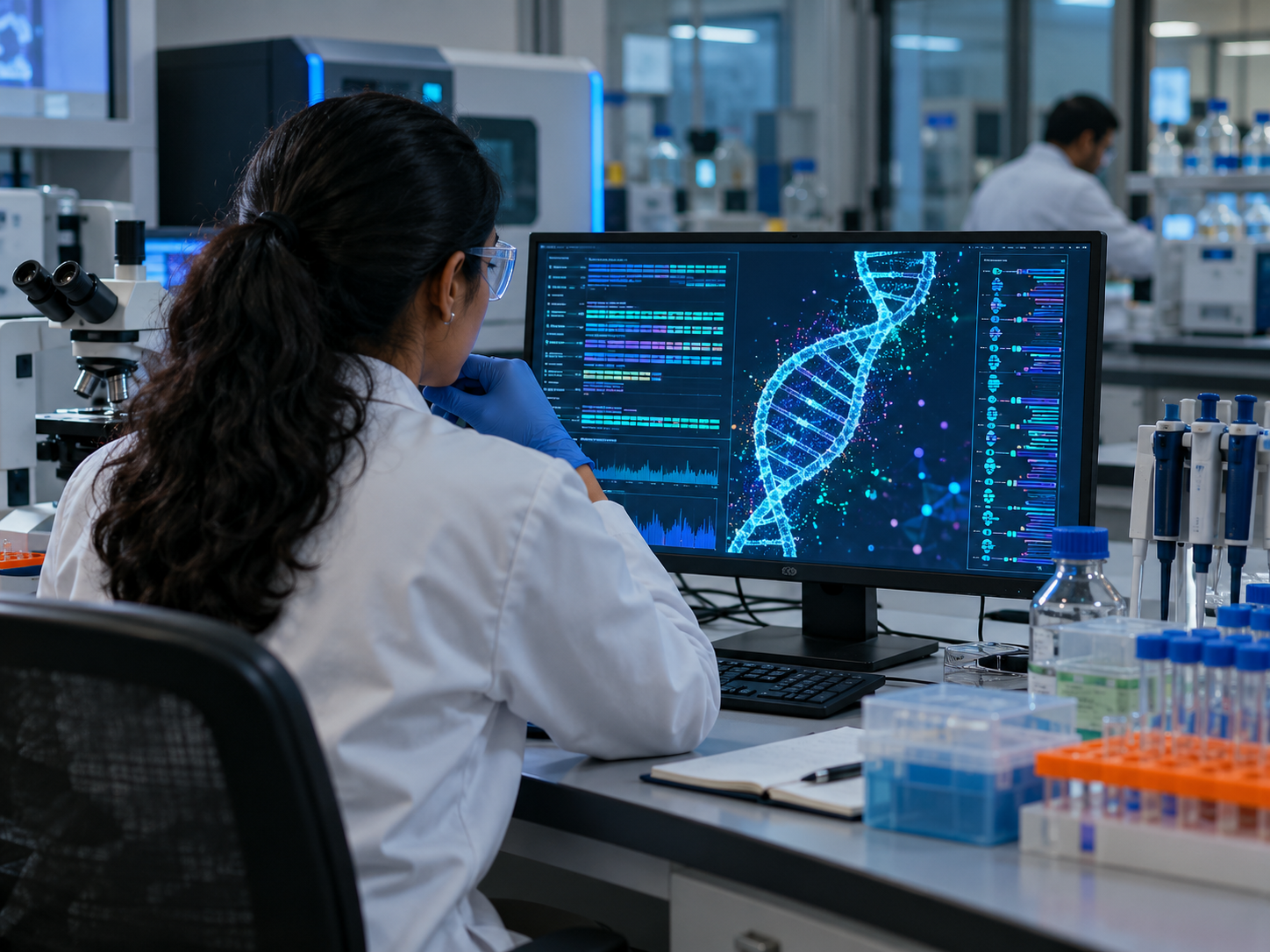 Researcher reviewing genomic data on a laboratory monitor