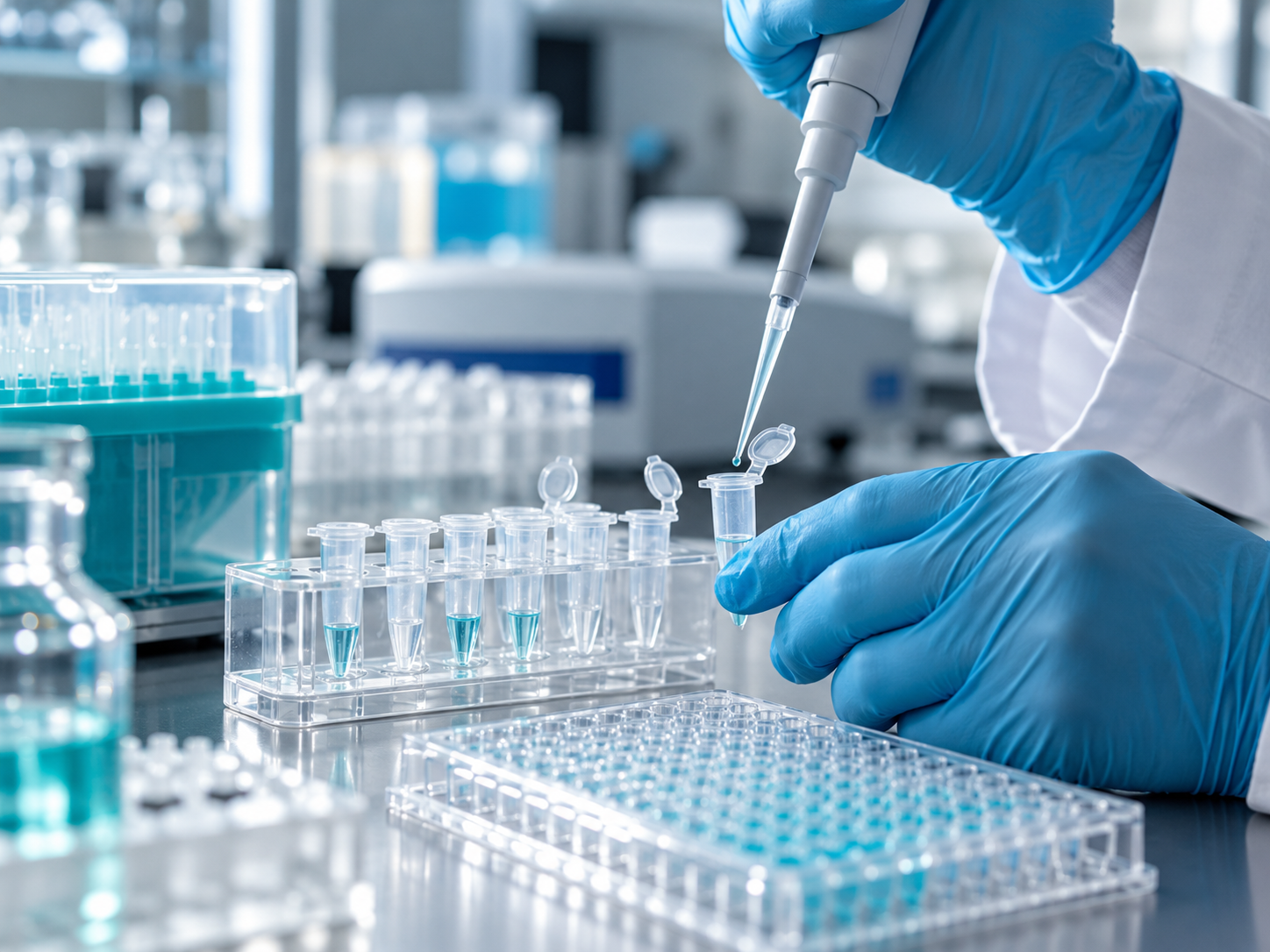 Pipette and sample tubes on a molecular biology bench