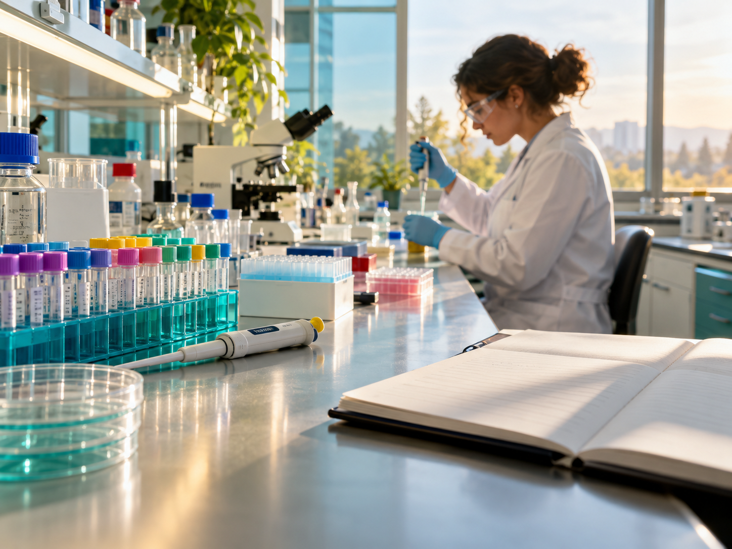 Laboratory consumables and sample tubes arranged on a clean bench